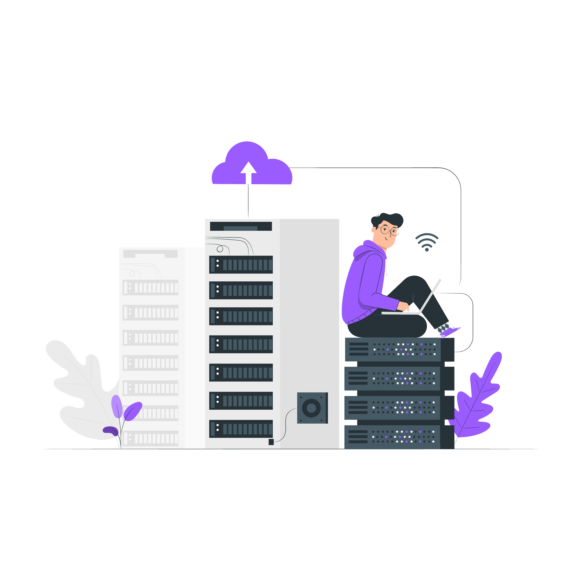 A man is sitting on a server meant to symbolize the hosting & domains solution